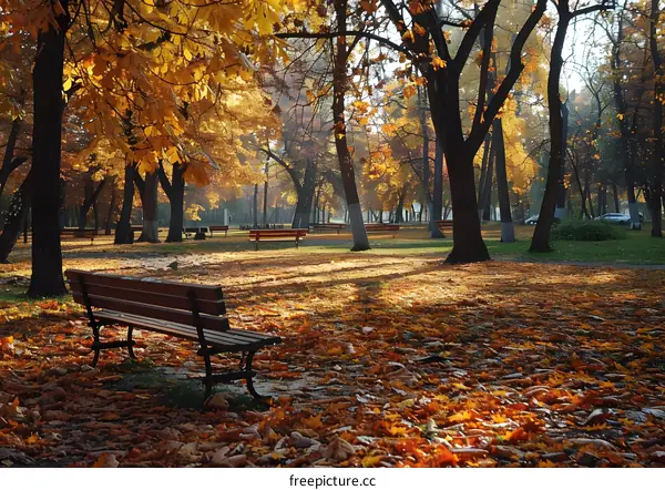 bench in the middle of a park surrounded by fallen leaves in autumn