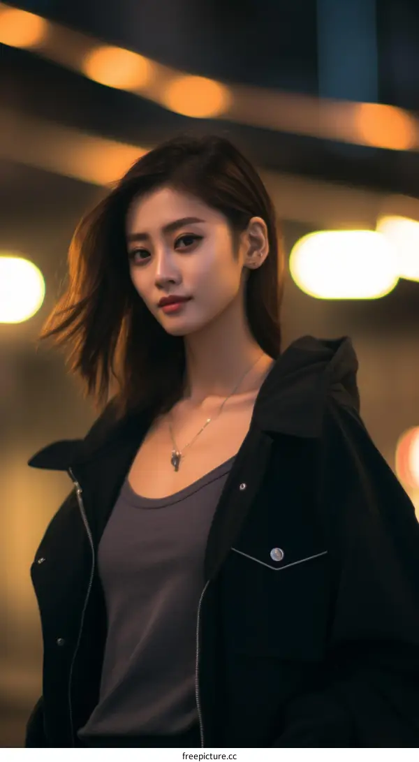 A portrait of a young Asian woman in a black jacket