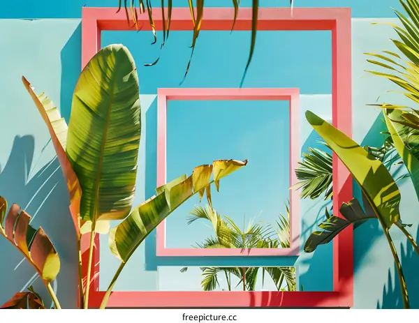 Minimalist Tropical Palm Leaves and Frames  Against Blue Sky