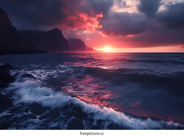 Dramatic Sunset Over the Ocean with Mountains in the Background