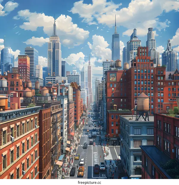 A busy street in a big city with tall buildings, cars, and people