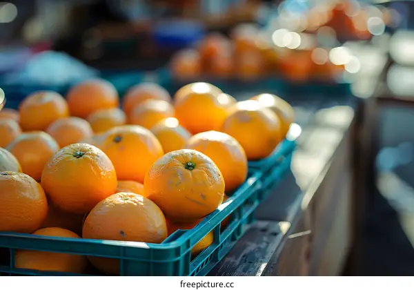 Fresh Oranges in a Green Crate at a Market