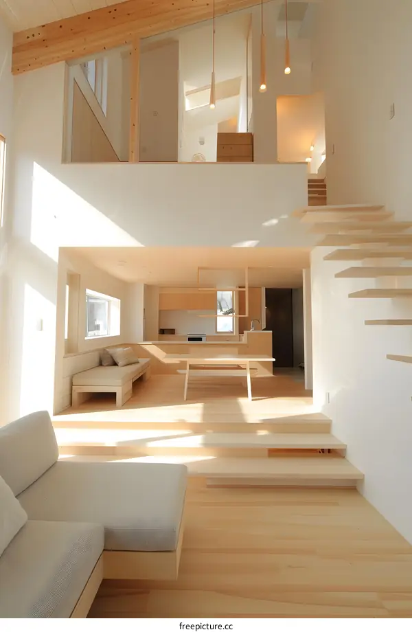 Modern Minimalist Interior Design With Wooden Floor And Staircase