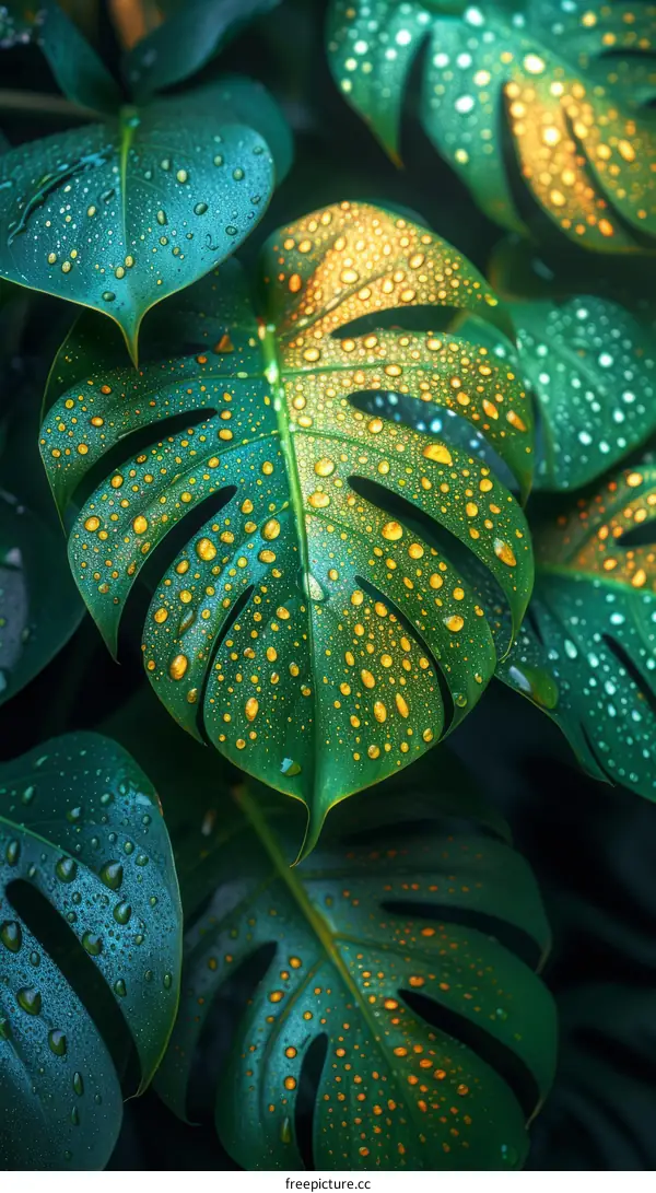 Raindrops on a giant green leaf with yellow veins