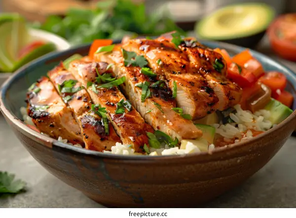 Grilled chicken breast with rice and vegetables
