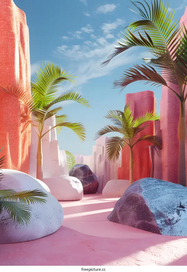 Pink rocks and palm trees in a surreal landscape