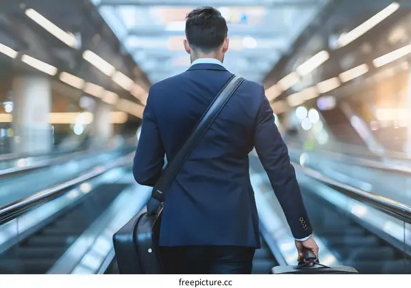 Businessman Walking on Escalator at Airport