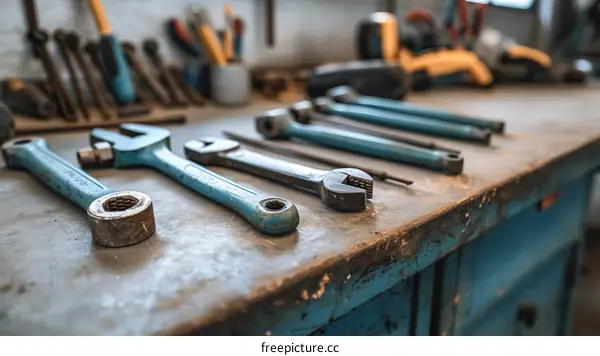 A set of blue wrenches on a metal table