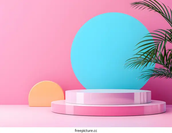 Pink and Blue Geometric Background with Palm Leaf