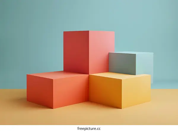 Four 3D boxes in blue, pink, yellow and green colors