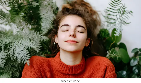 Woman Lying In Plants With Eyes Closed