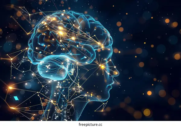 Blue illustration of a person's head with a glowing brain