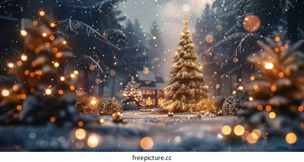 Christmas Tree with Ornaments in a Snowy Forest