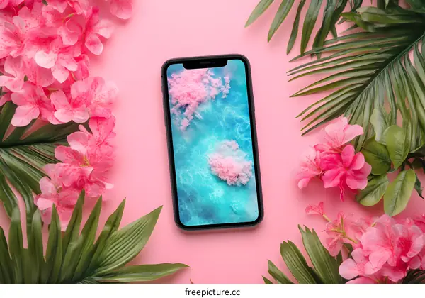 Pink Flowers and Green Palm Leaves Around A Phone