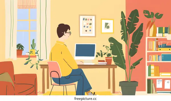 Man Working at Home with Computer and Plants