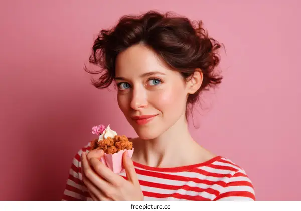 Woman Holding a Cupcake Against a Pink Background