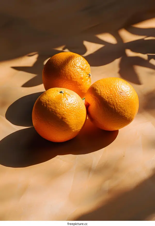 Three Oranges With Shadows On A Tan Background