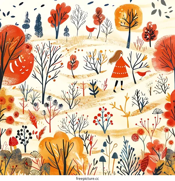 Autumn Forest Illustration with Girl and Birds