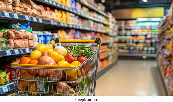 Grocery Store Shopping Cart Filled with Fruits and Vegetables