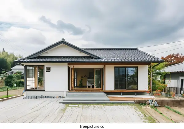 Modern Japanese Style Home With White Walls and Black Roof
