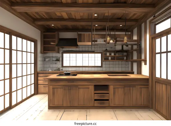 Japanese Style Kitchen Interior Design with Wooden Cabinets and Ceiling