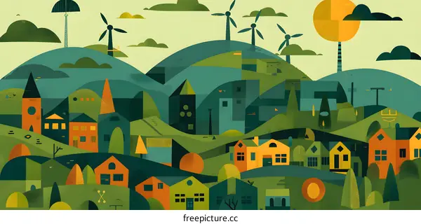 Abstract Green Hills with Wind Turbines