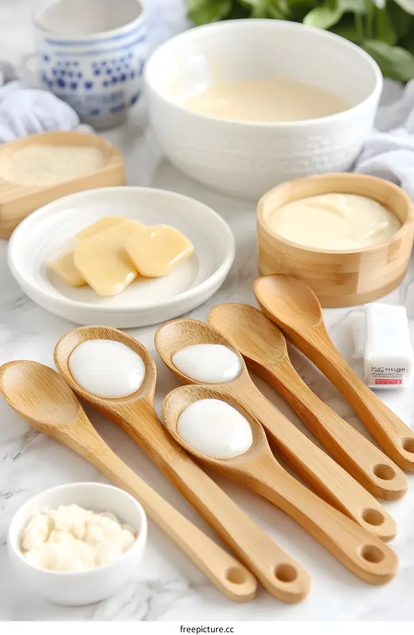 Wooden Spoons Filled With White Cream On Marble Table