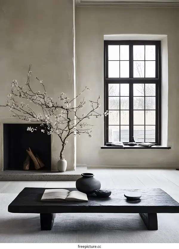 Minimalist Living Room Interior with Cherry Blossom Branch and Wooden Coffee Table