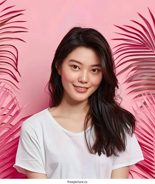 Beautiful Asian Woman With Pink Background And Palm Leaves