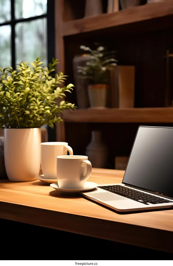 Laptop-Powered Workspace with Coffee and Plant Decor