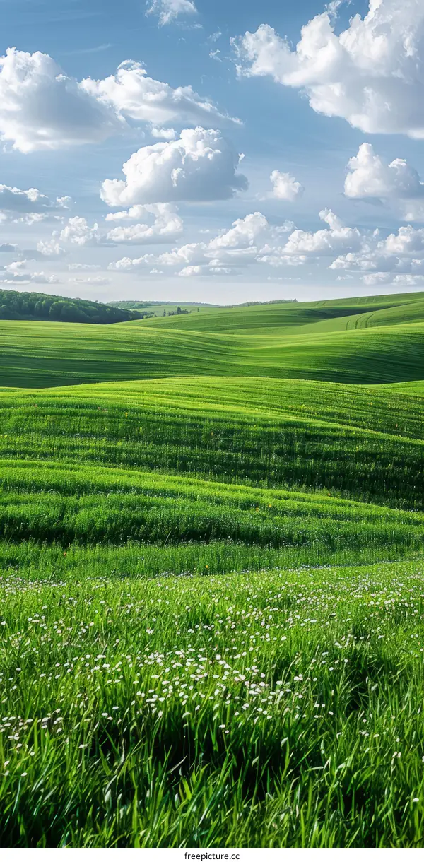 Green rolling hills under blue sky and white clouds
