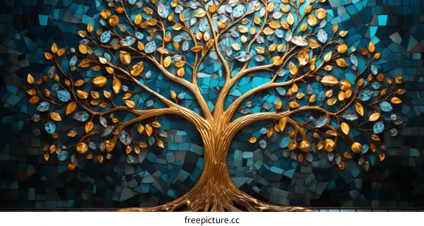 Golden Tree of Life Mosaic Art