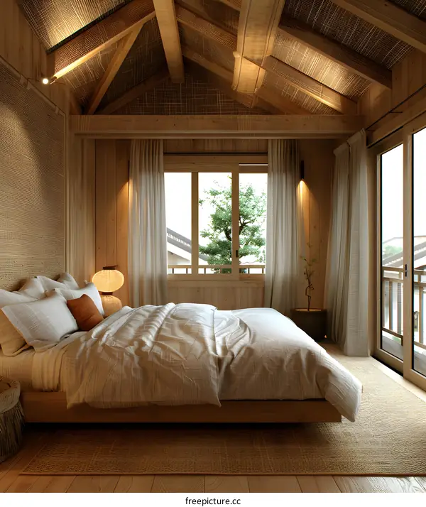 A bedroom with a large bed and a view of a tree outside