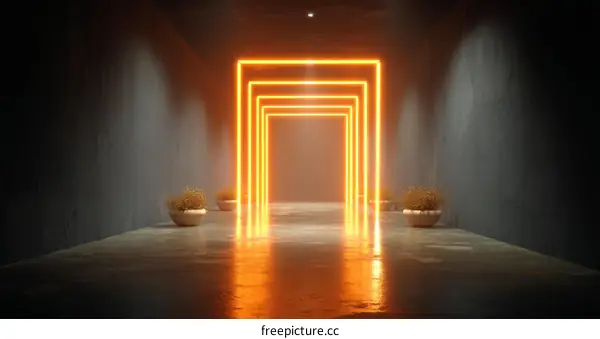 Neon Light Corridor with Abstract Arches