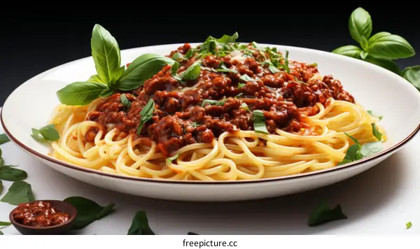 A plate of spaghetti with tomato sauce and basil