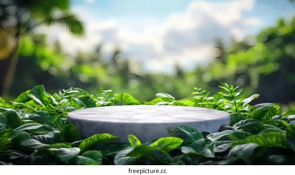 Empty Round Stone Platform in Lush Green Jungle