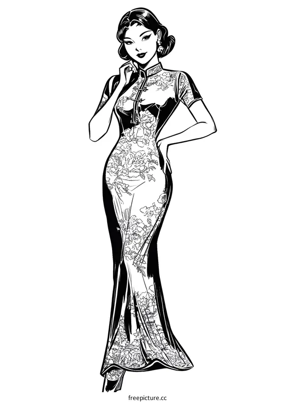 Elegant Chinese Woman in Traditional Dress Illustration