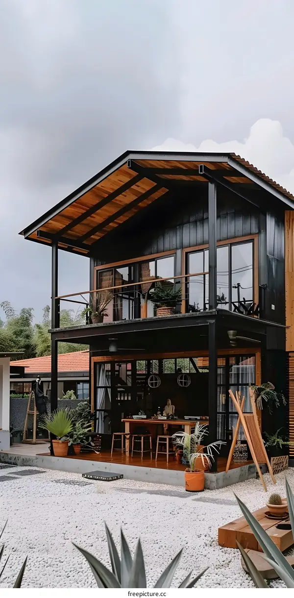 Modern Black and Wood House with a Terrace and Garden