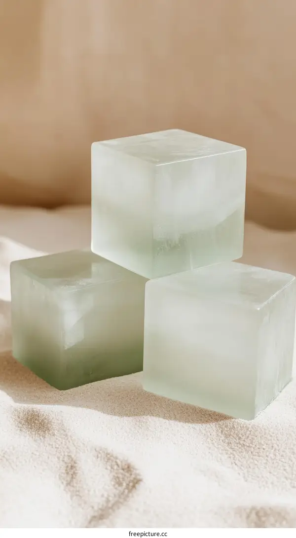 Stack of Frosted Glass Ice Cubes on Beige Linen