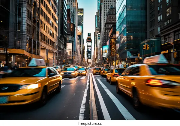 Motion Blur of Yellow Cabs on New York Street