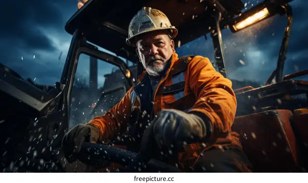 Portrait of a male construction worker wearing a hard hat and safety vest, sitting in the cab of a bulldozer.