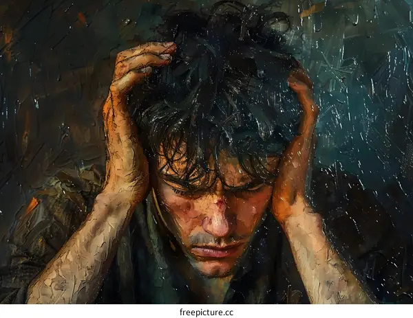 A man with his hands on his head looking down