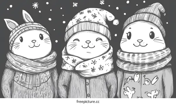 Cute Winter Animals Wearing Hats and Scarves