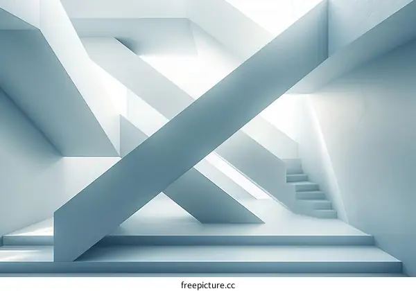 Blue and white geometric shapes form an abstract architectural structure