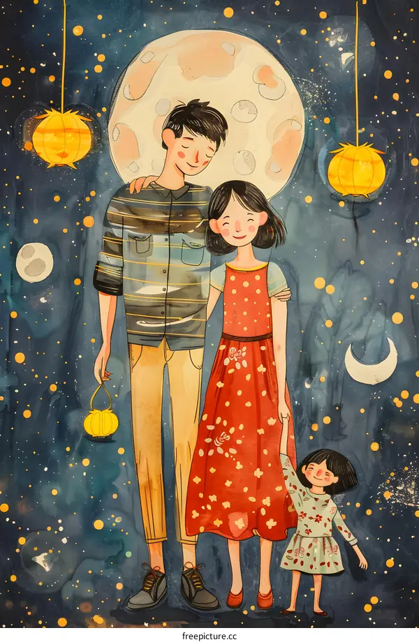 Family Celebrating Lantern Festival Under Full Moon