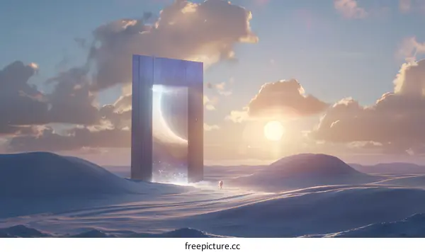Futuristic  Desert Landscape with a Giant  Door  Leading  to  the  Universe