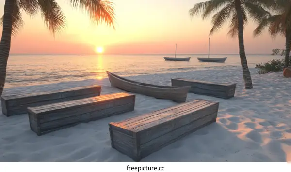 Sunset Beach Scene with Wooden Benches and Boats