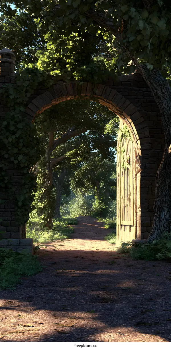 Stone Archway Entrance to a Lush Forest