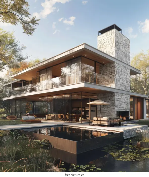 Modern House With Pool And Fireplace