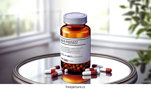 Medical Supplement Bottle with Pills on Table